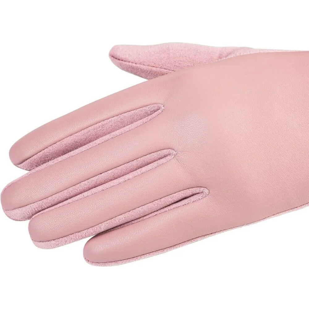 Women's Pink Winter Leather Suede Gloves Wool Lined Windproof Touchscreen